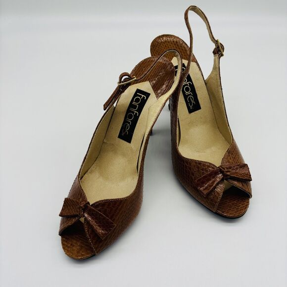 Women's Slingback Heels Shoes Size 6 Fanfares Tan Leather 3.5 in Heel Peep Toe - Picture 2 of 7